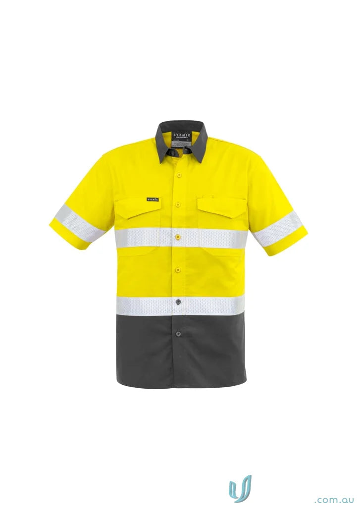 Syzmic Men’s Rugged Vis Taped Short Sleeve Shirt ZW835 with yellow and gray reflective stripes