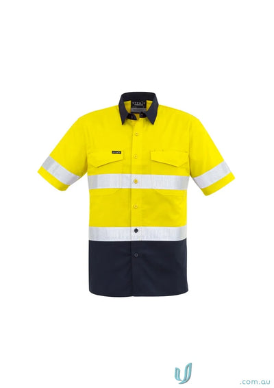Yellow and navy blue high-vis work shirt from Syzmik Men’s Rugged Vis Taped Short Sleeve Shirt ZW835