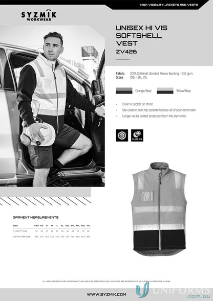 Syzmic Unisex HIVis Softshell Vest showcasing high-visibility work vest style