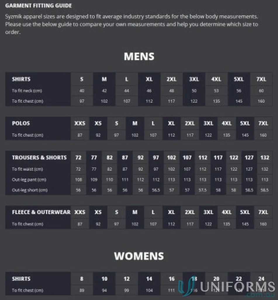 Apparel size guide for Syzmik Men’s HiVis Vis Squad Singlet made with highly breathable fabric