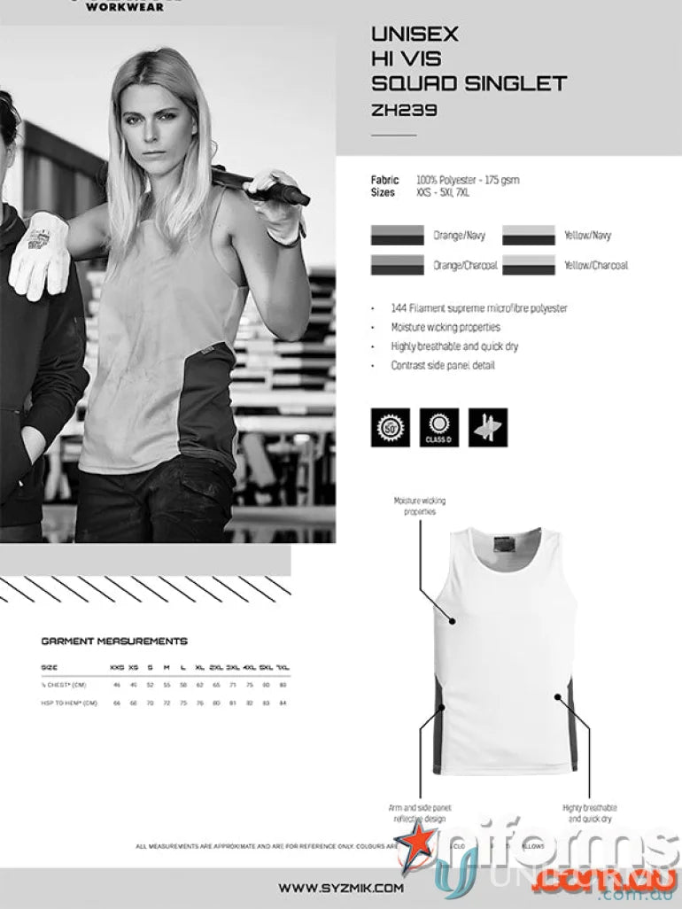 Syzmic HiVis Squad Singlet product sheet on vis squad singlet with highly breathable fabric