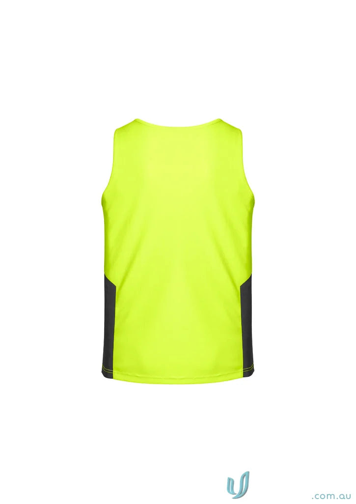 Neon yellow and gray Syzmik Men’s HiVis Vis Squad Singlet made with highly breathable fabric