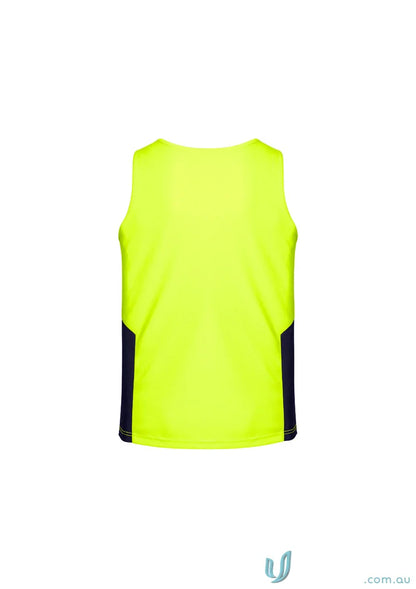 Neon yellow navy blue Syzmik men’s HiVis Squad Singlet made from highly breathable fabric