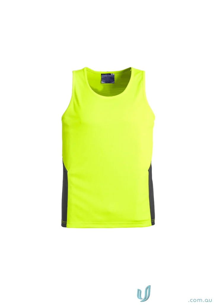 Neon yellow Syzmik Men’s HiVis Squad Singlet with dark gray side panels, highly breathable fabric