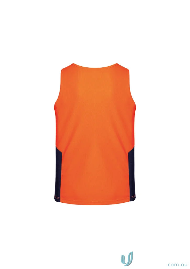 Orange and navy blue Syzmik Men’s HiVis vis squad singlet in highly breathable fabric