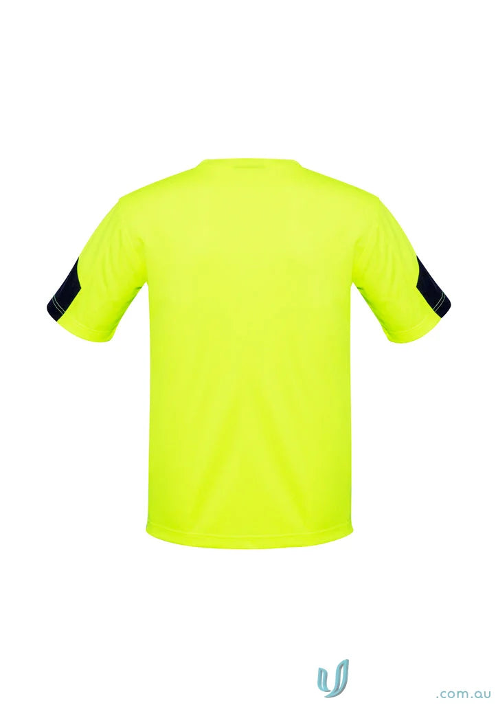 Neon yellow Syzmik Men’s Vis Squad Tee with dark blue accents for ultimate comfort