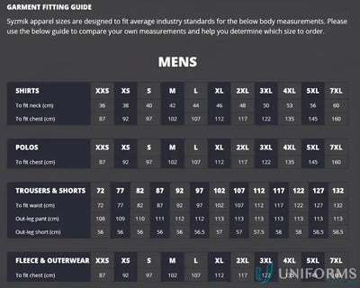 Mens garment fitting guide for Syzmic HiVis Zone SS Polo with reflective piping and short sleeve polo features