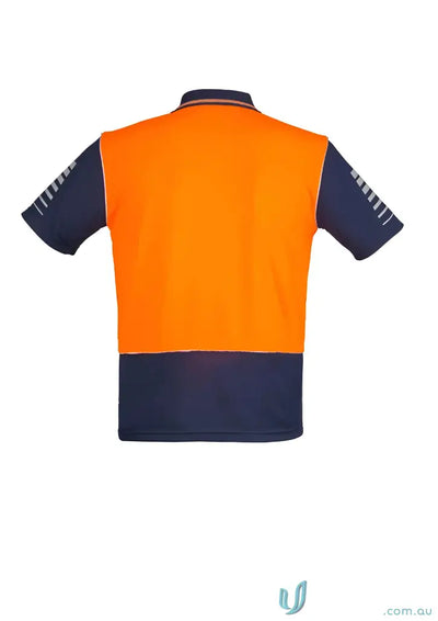 Orange and navy blue short sleeve polo with reflective piping from Syzmic HiVis Zone SS Polo, Sleeve Polo ZH236