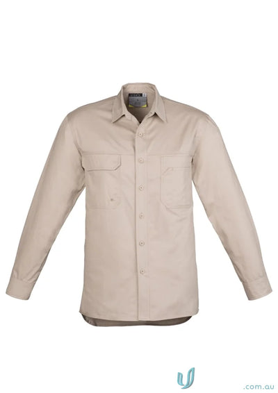 Beige Syymik mens lightweight tradie long sleeve cotton twill shirt