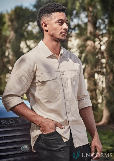 Man in Syymik mens lightweight tradie long sleeve cotton twill shirt in tan