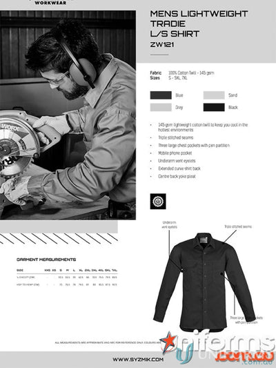 Syzmic mens lightweight tradie long sleeve cotton twill shirt perfect for work