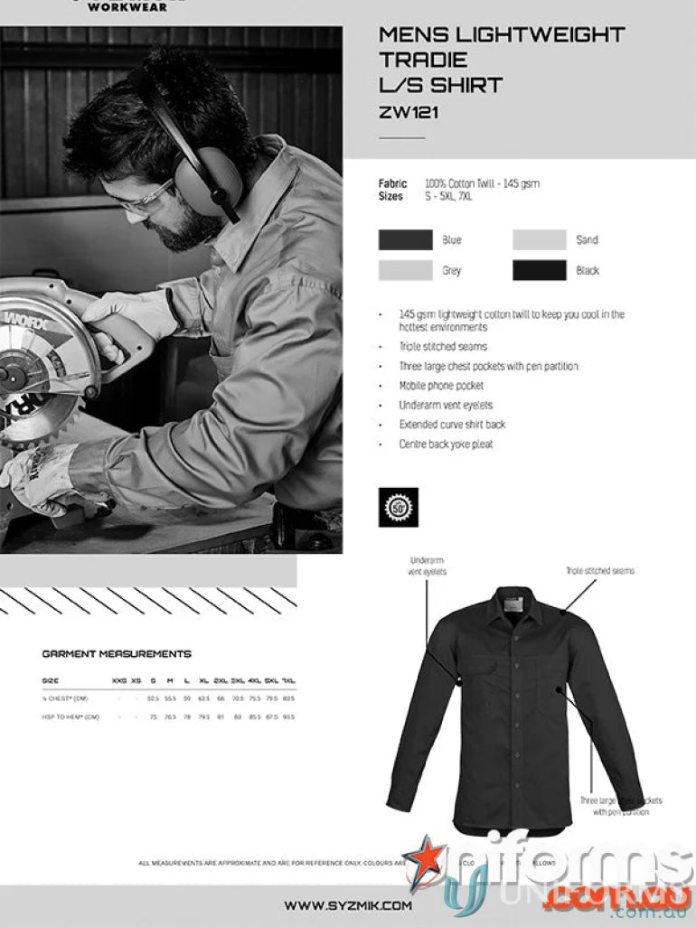 Syzmic men’s lightweight tradie long sleeve cotton twill shirt perfect for work