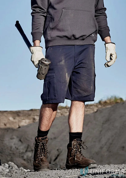 Construction worker with sledgehammer wearing Syzmic Mens Basic Cargo Shorts, comfy mens cargo wear