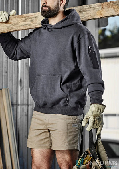 Construction worker in Syzmik Multi-Pocket Hoodie with reinforced stress points and soft fleece lining