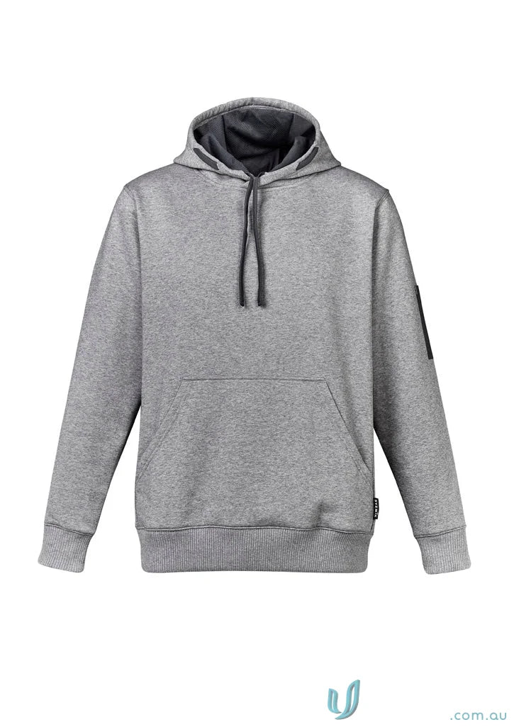 Gray hooded sweatshirt showing the Syzmik Multi-Pocket Hoodie with reinforced stress points and soft fleece lining