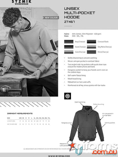 Unisex Syzmik Multi-Pocket Hoodie with reinforced stress points and soft fleece lining