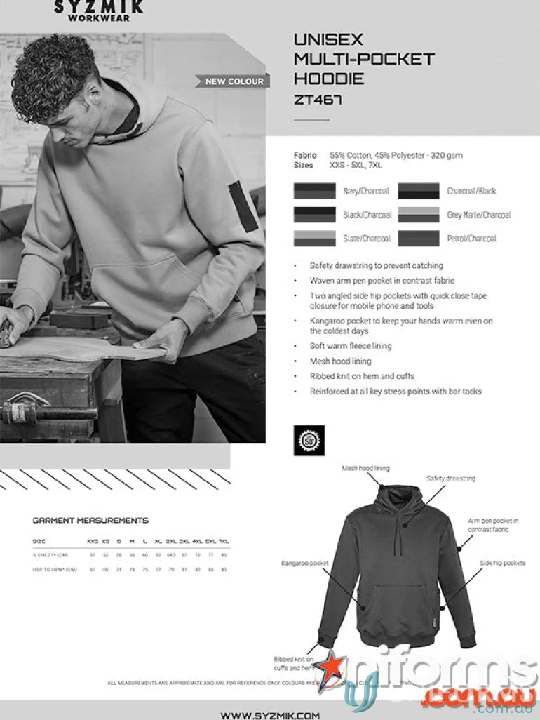 Unisex Syzmik Multi-Pocket Hoodie with reinforced stress points and soft fleece lining