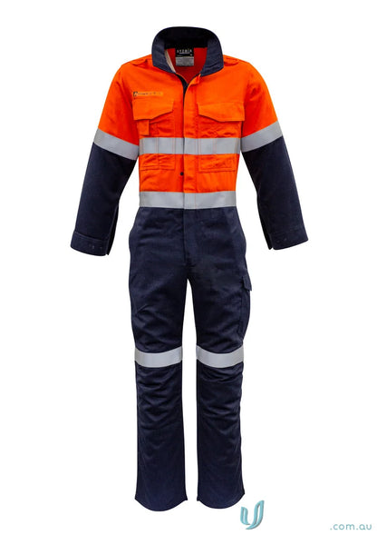 Orange and navy blue reflective work jumpsuit from Syzmics Men’s Orange Hoop Taped ZC525, providing all-day comfort