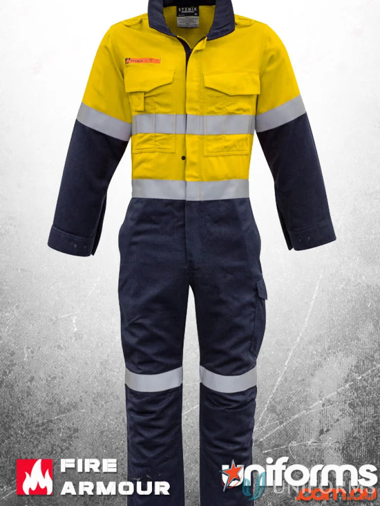 Two-tone work coverall with reflective stripes from Syzmic’s men’s orange Hoop Taped ZC525 for all-day comfort