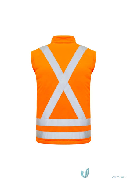 Orange safety vest with reflective stripes on Syzmic RAIL BioMotion 2in1 X Back Softshell Jacket in work environment