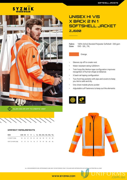 Orange hi-vis softshell jacket for work environment Syzmic RAIL BioMotion 2in1 zj680