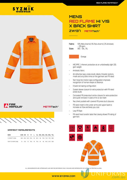 Orange Hi-Vis Work Shirt from Syzmic RAIL HRC1 X Back Taped Range Men’s Red with Concealed FR Press