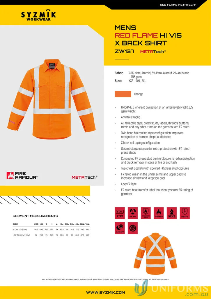Orange Hi-Vis Work Shirt from Syzmic RAIL HRC1 X Back Taped Range Men’s Red with Concealed FR Press