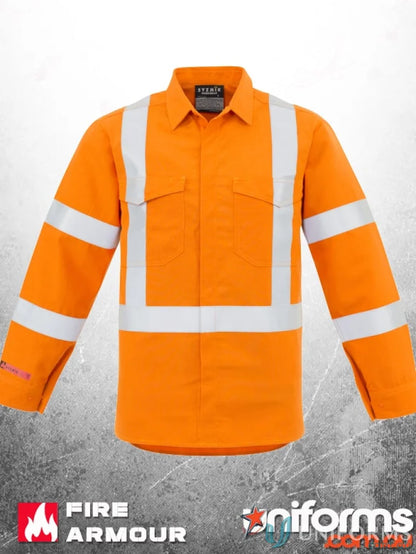 Orange high-visibility work shirt from Syzmic RAIL HRC1 X Back Taped Range Men’s Red series with concealed fr press