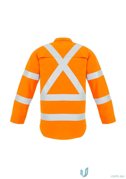 Orange safety jacket with reflective stripes from Syzmic RAIL HRC1 X Back Taped Shirt featuring syzmic red flame design