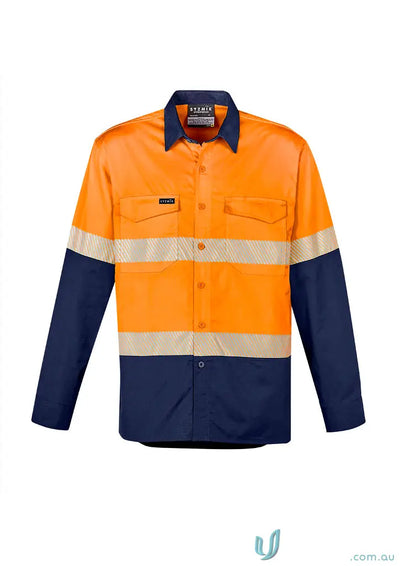 Orange and navy blue long-sleeved rugged workwear shirt with vis segmented tape for Syzmic Rugged Cooling HiVis Segmented Tape Shirt