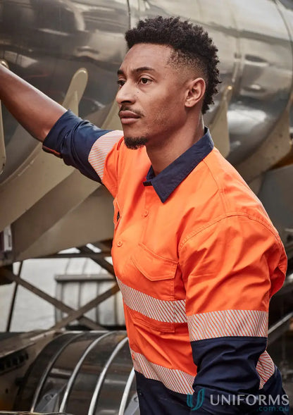 Orange and navy rugged workwear shirt with vis segmented tape from Syzmik Men’s Rugged collection