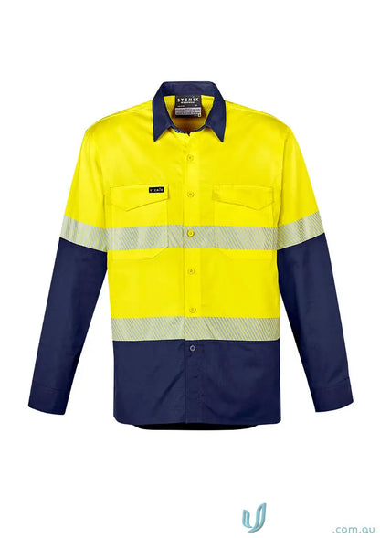 Yellow and navy blue long-sleeved rugged workwear shirt with Vis Segmented Tape from Syzmik Men’s Rugged collection