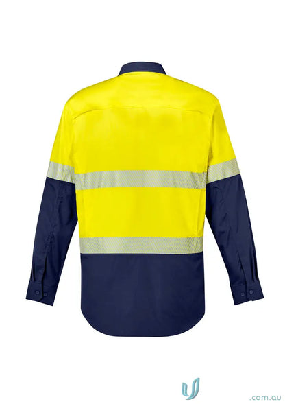 Yellow and navy blue safety shirt with vis segmented tape from Syzmik men’s rugged workwear shirt line