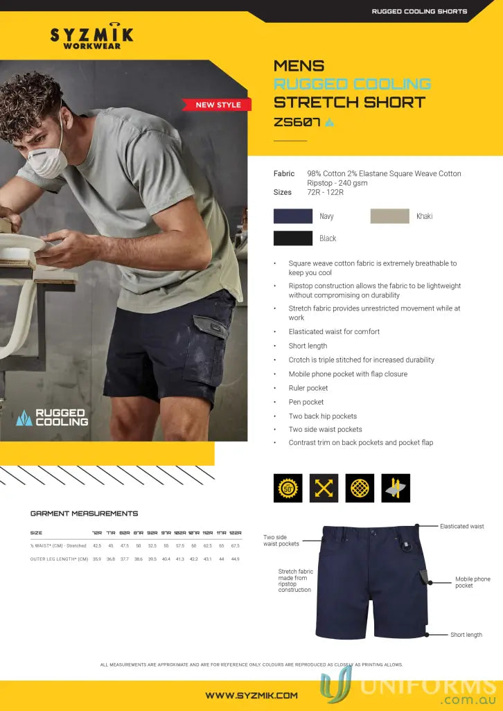 Men’s rugged cooling stretch work shorts perfect for tough days and hot weather