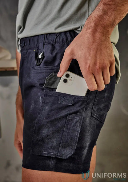 Navy work shorts with phone pocket featuring rugged cooling stretch for all-day comfort