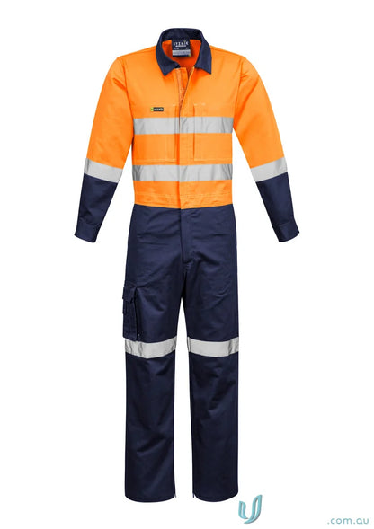 Orange and navy blue reflective coverall from Syzmic Men’s Rugged Hivis Cooling collection for stay cool workwear