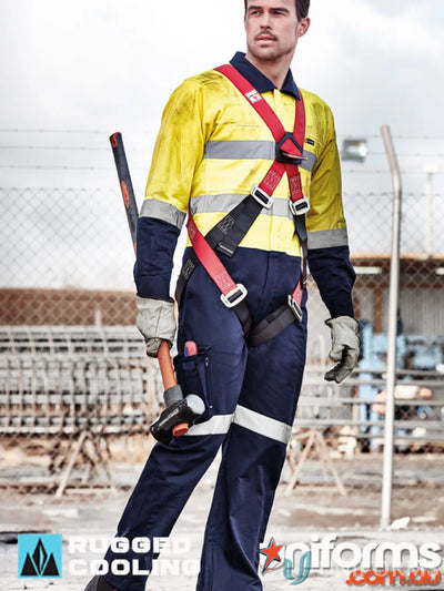 Man in safety harness wearing Syzmic Mens Rugged Hivis Cooling Taped Overalls, stays cool