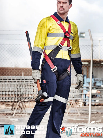 Man in safety harness wearing Syzmic Men’s Rugged Hivis Cooling Taped Overalls, stays cool