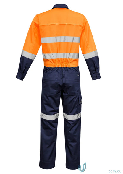 Orange and navy blue reflective work jumpsuit from Syzmic Men’s Rugged Hivis Cooling Overalls