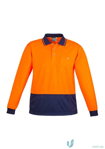 Orange and navy long-sleeved polo shirt from Syzmik Unisex Vis Basic Long Sleeve collection