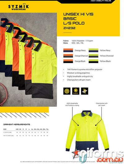 Syzmic Unisex High Visibility Long Sleeve Polo Shirt for safety and visibility