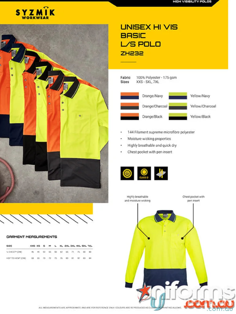 Syzmic Unisex High Visibility Long Sleeve Polo Shirt for safety and visibility