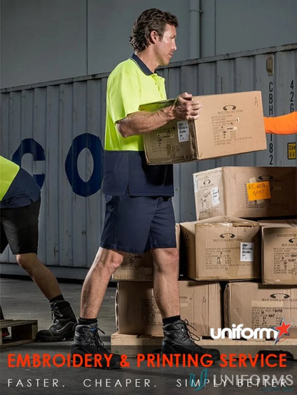 Workwear ad for Syzmic Safety Splice SS Polo, a comfy short sleeve polo for work