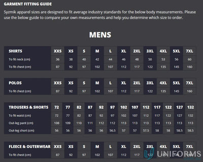 Mens garment fitting guide for Syzmic Safety Splice short sleeve polo shirt