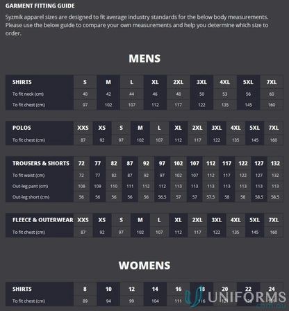 Clothing size guide for Syzmic Squad Long Sleeve Safety LS Polo Stay Visible Sleeve Polo ZH238