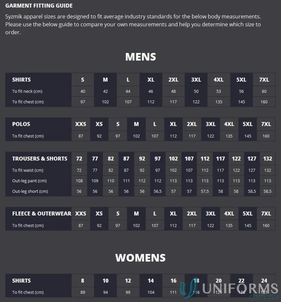 Clothing size guide for Syzmic Squad Long Sleeve Safety LS Polo Stay Visible Sleeve Polo ZH238