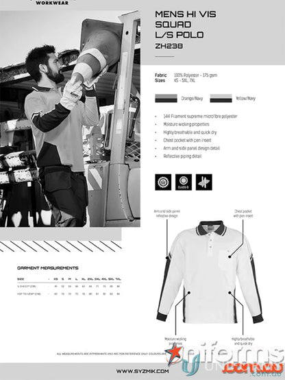 Syzmic Squad Safety LS Polo with stay visible long sleeve design for safety zh238