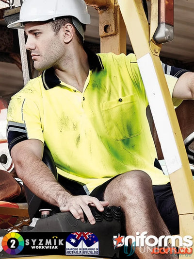Man in dirty work shirt wearing Syzmic Squad Safety SS Polo, sleeve polo zh237 ensures durability