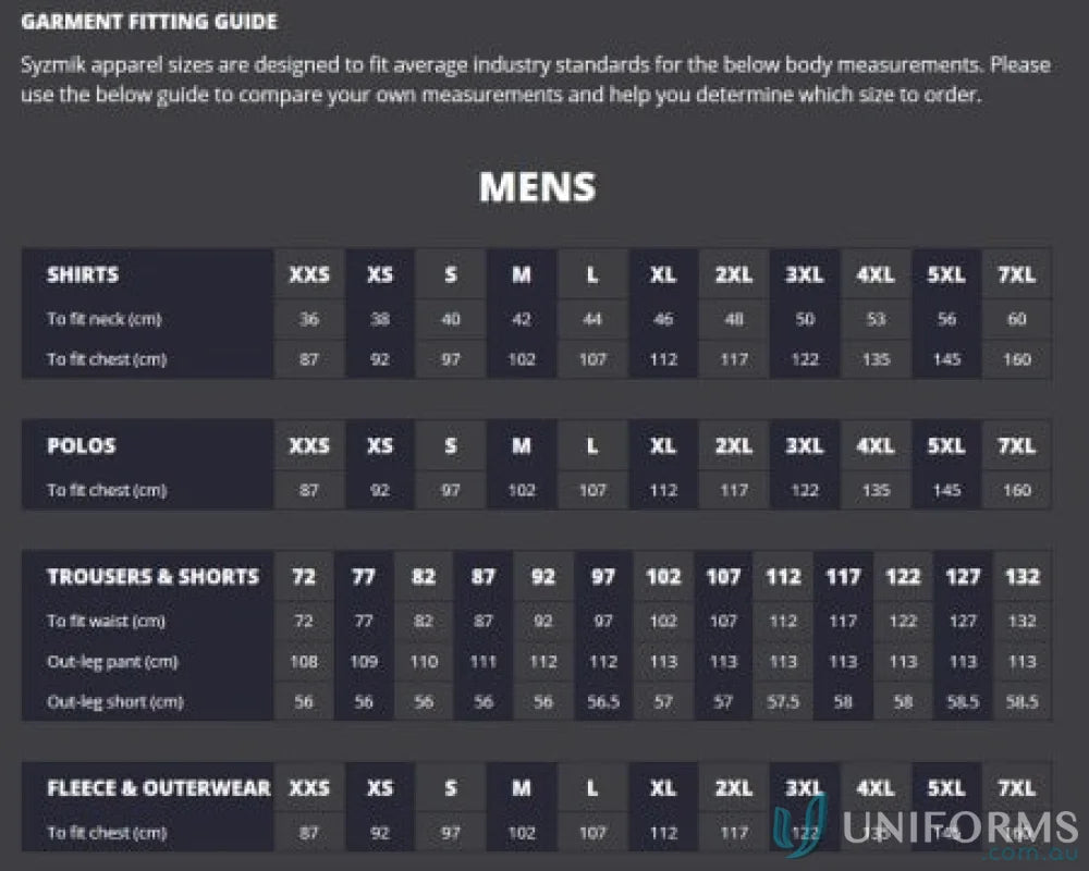 Men’s garment fitting guide for Syzmic Squad Safety SS Polo and Vis Squad Short