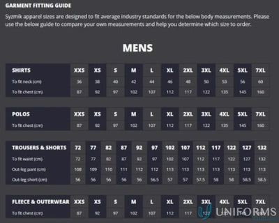 Mens garment fitting guide for Syzmic Squad Safety SS Polo and Vis Squad Short